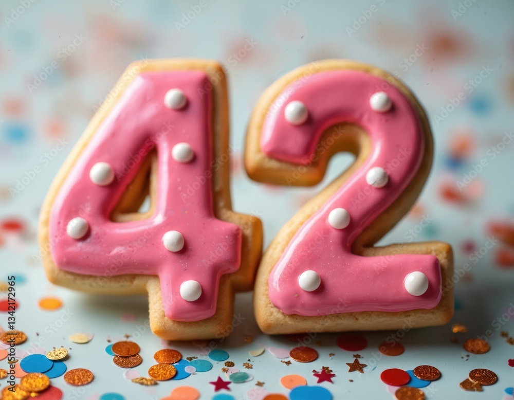 Naklejka premium Decorated number 42 cookie for birthday or anniversary. Celebration invite card template. Pink icing glaze biscuit candy. Festive background with confetti, sparkles. Sweet treat. Number fourty two.