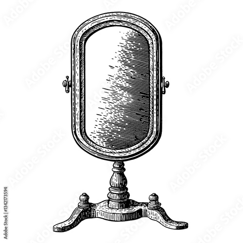 Elegant vintage engraved illustration of a hand-held mirror standing elegantly on a beautifully crafted wooden base