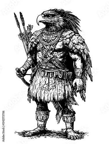 Eagle warrior stands fiercely with bow and arrow in this vintage hand-drawn engraved illustration capturing a mythical essence
