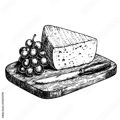 Elegant vintage engraving showcasing cheese and grapes on a rustic wooden board with a knife