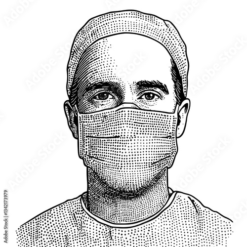 Intricate hand-drawn illustration of a masked medical professional showcasing dedication and resilience in a vintage style