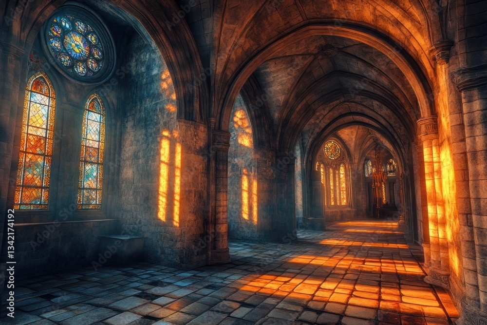 Sunlit Gothic cathedral hallway with stained glass. Sunlit Gothic cathedral hallway with stained glass.