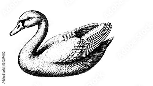 Elegant engraved illustration of a graceful swan showcasing intricate details in a vintage black and white design