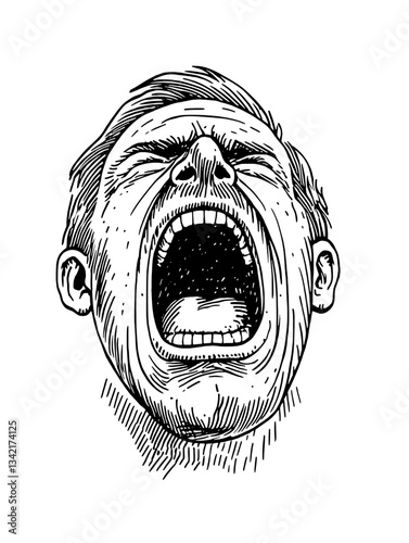 Expressive engraving of a man in a primal scream representing raw emotion and intensity in art form