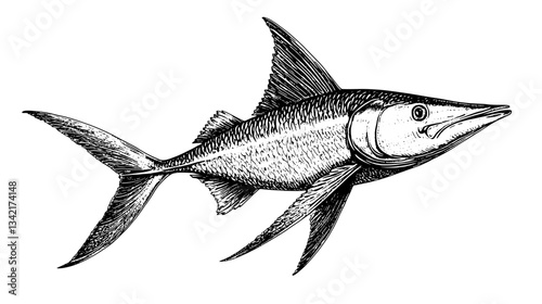 Engraved illustration of a majestic fish swimming gracefully in a vintage style