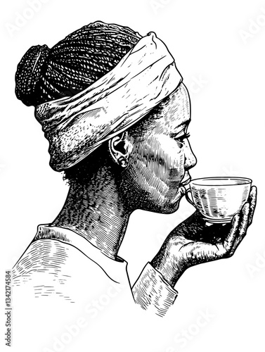 Elegant hand-drawn illustration of a woman enjoying a warm beverage in a vintage style, showcasing intricate engraving details