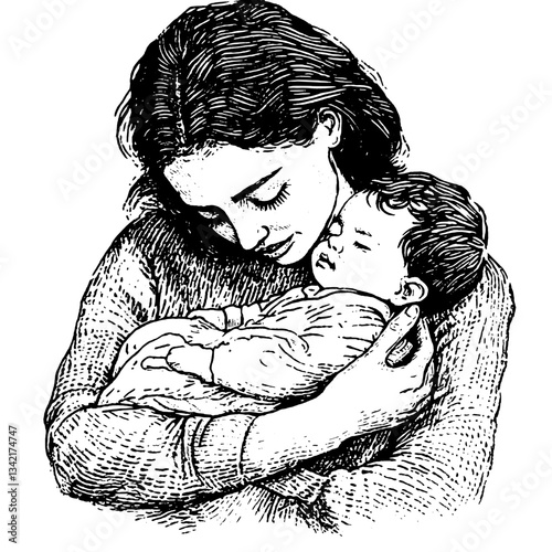 Tender mother embraces her sleeping child in a vintage engraved illustration showcasing deep emotion and love