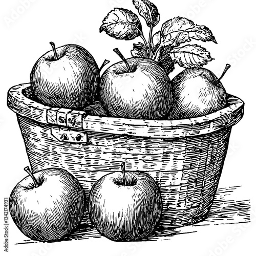 Engraved illustration of a vintage basket filled with apples showcasing hand-drawn details
