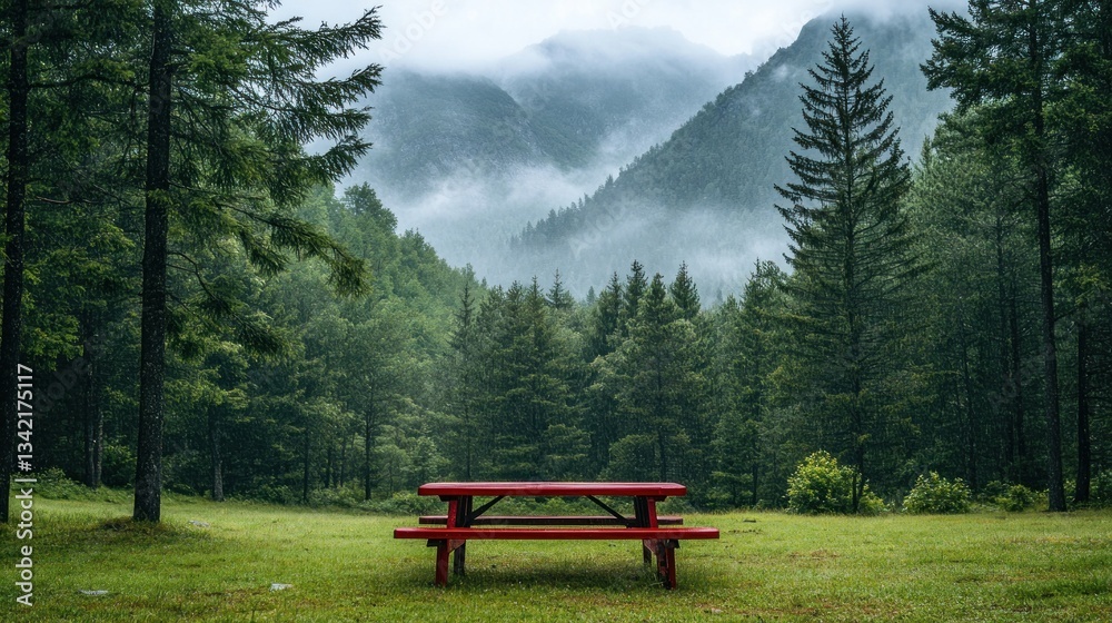 Obraz premium Empty red picnic table in a misty mountain forest.