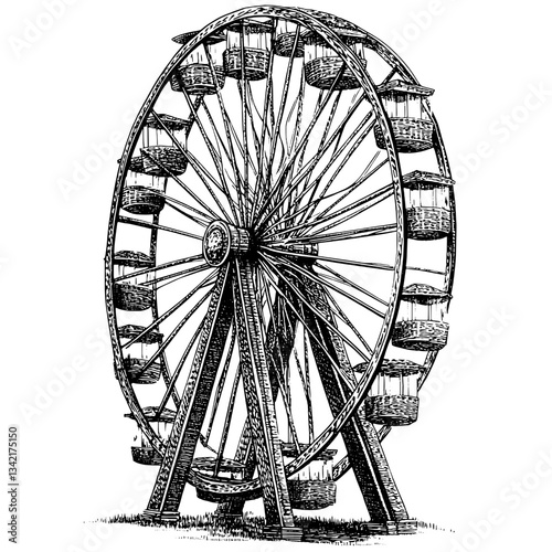 Intricate vintage engraving of a Ferris wheel capturing nostalgia and whimsy in black and white