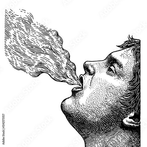 Expressive illustration of a man exhaling smoke, capturing vintage aesthetic with intricate details and engravings