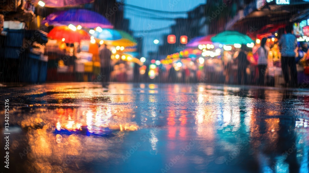 Obraz premium Rainy night market street scene, colorful umbrellas, blurry lights reflection on wet ground.