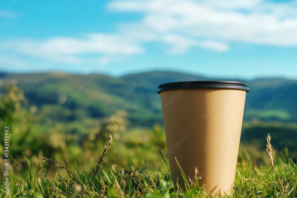 Obraz premium Brown paper cup disposable eco friendly material mockup on grass mountain hill and blue sky