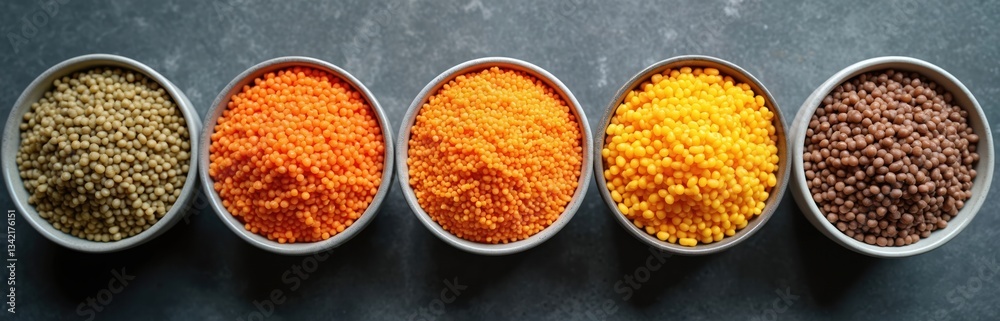 Top view banner of multicolored lentils in bowls. Yellow, brown, green, orange seeds. Healthy legumes assortment. Vegan, vegetarian protein source. Uncooked raw food, organic nourishment ingredient. Top view banner of multicolored lentils in bowls. Yellow, brown, green, orange seeds. Healthy legumes assortment. Vegan, vegetarian protein source. Uncooked raw food, organic nourishment ingredient.