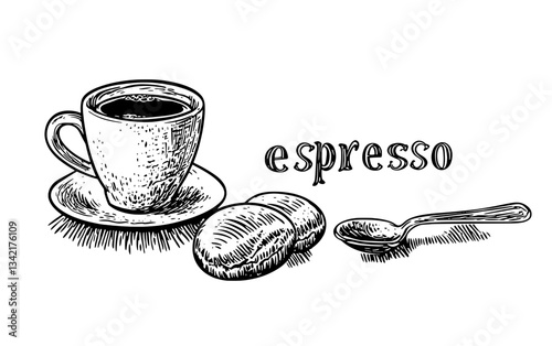 Elegant engraved illustration of espresso with sweet treats on a vintage background