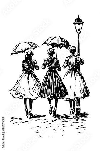Elegant vintage illustration of three women in dresses strolling with umbrellas under a street lamp