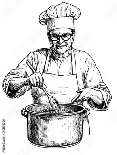 Masterful chef stirring a vintage pot filled with culinary delights through hand-drawn engraving technique