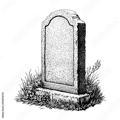 Engraved tombstone design showcasing vintage illustrations and intricate details in a classic black and white style