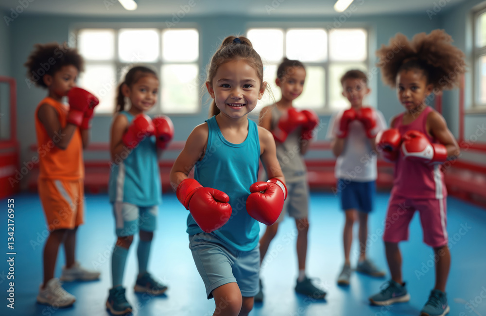 Obraz premium Group of children practice boxing at gym, wearing gloves, focused, determined. Fitness class. Physical activity, teamwork. Kids learning self-discipline, exercising, sport, training, youth. Athletic