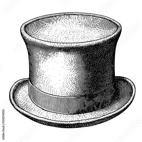 Elegant vintage engraved illustration of a classic top hat showcasing intricate detailing and timeless style in a hand-drawn design