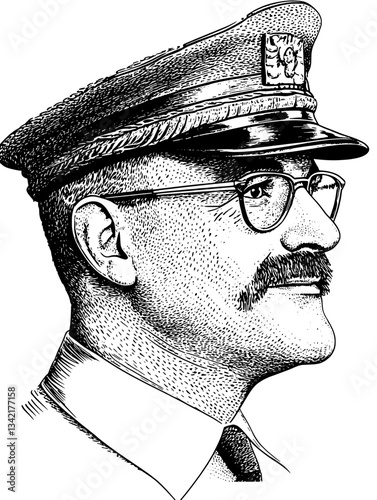 Vintage engraved illustration of a distinguished man in uniform showcasing intricate details and classic artistry