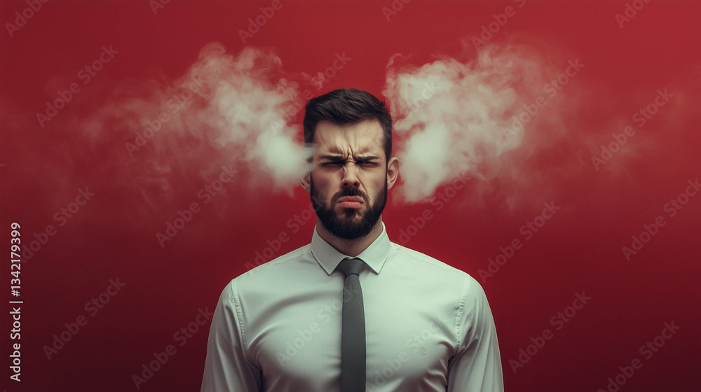 An angry business person with steam coming out of their ears, isolated on a red background An angry business person with steam coming out of their ears, isolated on a red background