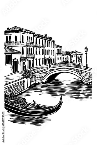 Engraved illustration of a serene canal with rustic buildings and a quaint bridge at sunset