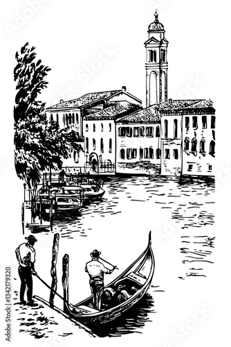 Engraved illustration of a tranquil riverside scene with gondola and vintage architecture in a timeless black-and-white setting