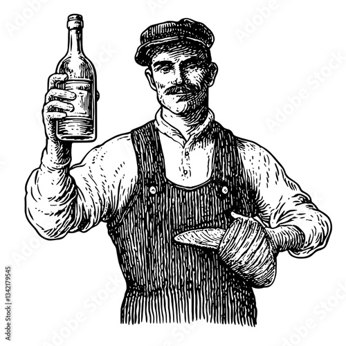 Vintage engraved illustration of a confident man holding a bottle and tool, embodying craftsmanship and tradition in black and white