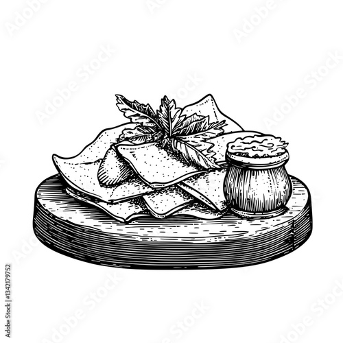 Delicate hand-drawn illustration of vintage dish with crackers and dip on wooden board celebrating culinary art