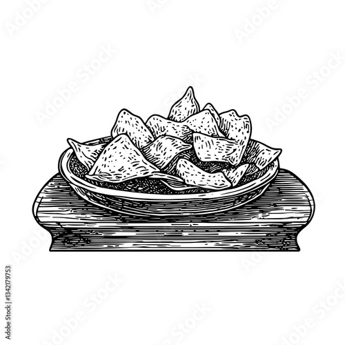 Hand-drawn illustration of vintage snack platter featuring crispy tortilla chips on wooden serving dish