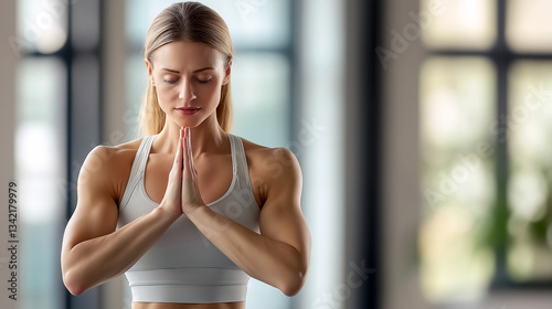 Free Download beautiful young blonde girl with pumped up torso meditates in front of window, athletic girl meditates, space for inscriptions - GFXLoad