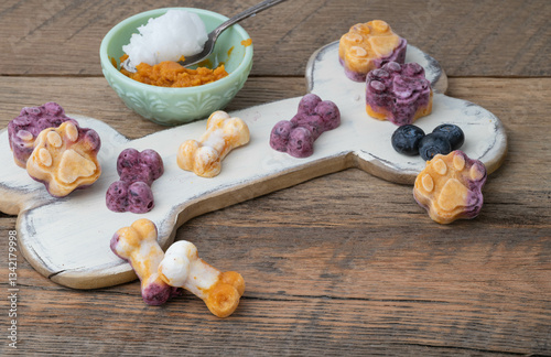 Frozen dog treats made with colorful blueberries, pumpkin, yogurt, and coconut oil on a bone shape platter, healthy organic pet snack.