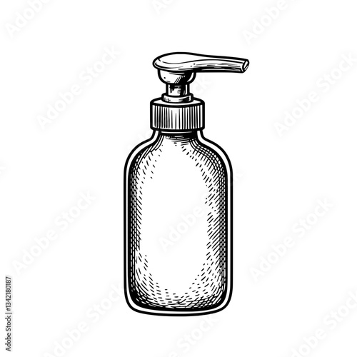 Engraved vintage illustration of a premium hand-drawn product design showcasing an elegant pump bottle