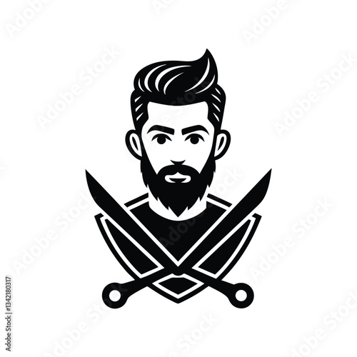Modern Male Warrior Logo with Swords, Beard, and Shield Design for Sports, Fitness, and Adventure  photo