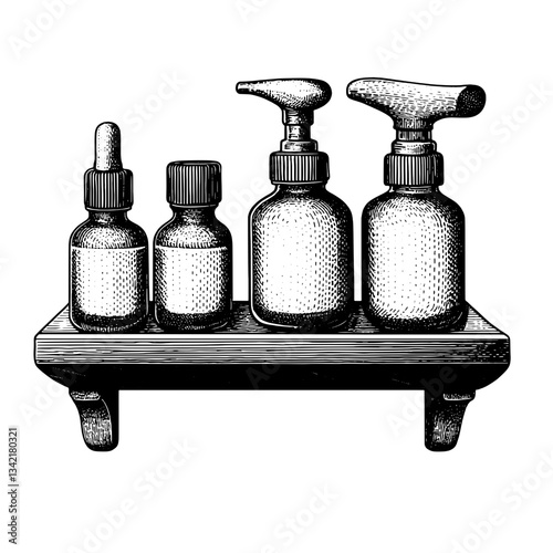 Intricate engraved illustration of vintage apothecary bottles on a wooden shelf for tattoo design inspiration