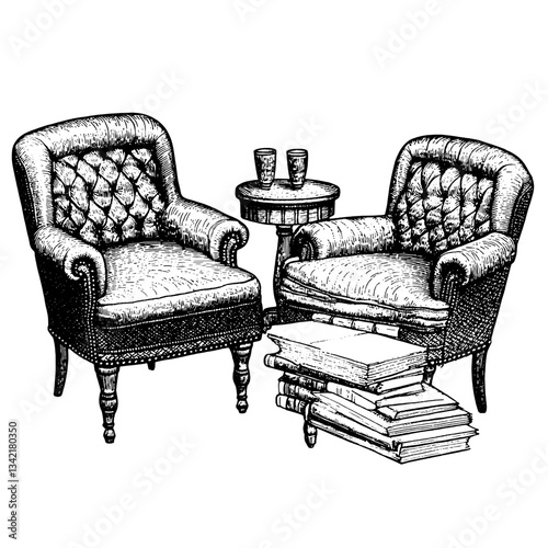 Charming vintage armchairs inviting relaxation in a cozy reading nook with stacks of books and charming decor elements