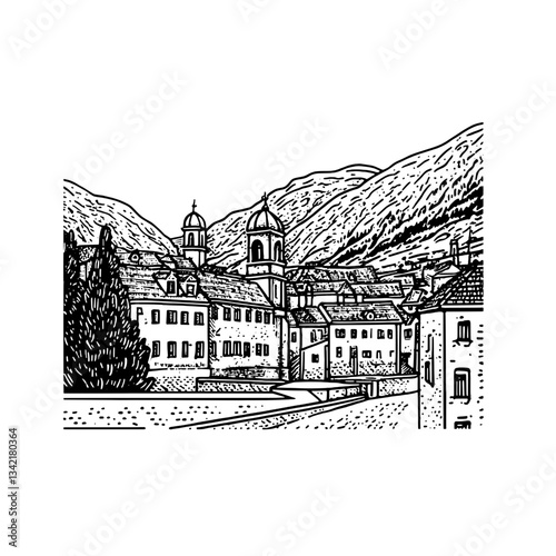 Engraved illustration capturing serene village life nestled in the mountains with distinct architectural features and contrasting landscapes