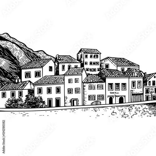 Charming vintage engraving of a hillside village with quaint architecture and rustic appeal
