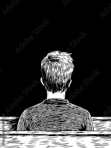 Thoughtful solitude captured in an engraved illustration displaying introspection and nostalgia in black and white