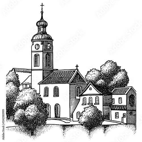 Engraved illustration of a vintage church with surrounding trees and buildings capturing timeless architectural charm
