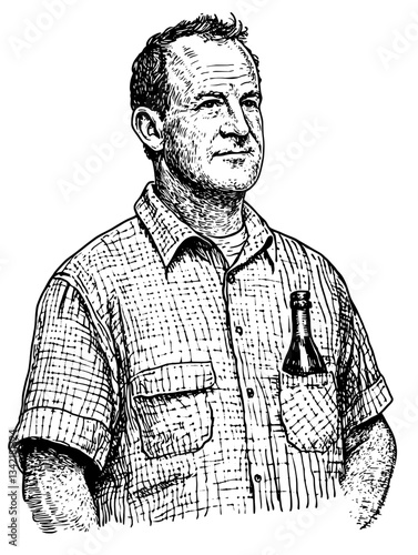 Engraved illustration of a man with a bottle in his pocket, showcasing vintage tattoo design elements