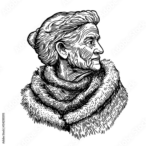 Engraved illustration of a wise elder woman adorned in a vintage fur shawl showcasing intricate hand-drawn details