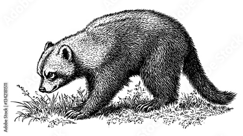 Engraved illustration of a bear exploring a grassy area, showcasing vintage tattoo design elements and intricate details