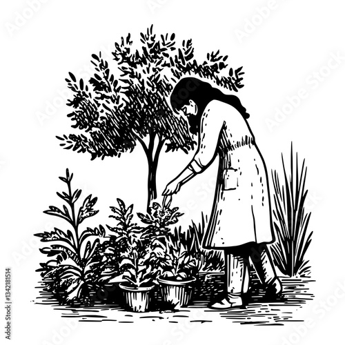 Engraved illustration of a gardener nurturing plants under a leafy tree in a serene nature setting