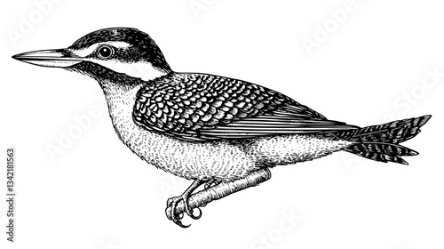 Engraved illustration of a kingfisher perched gracefully on a delicate branch, showcasing vintage artistry in black and white