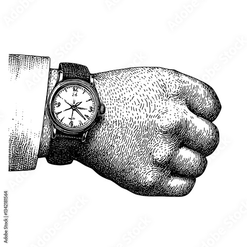 Engraved illustration of a fist holding time with a vintage watch design on its wrist
