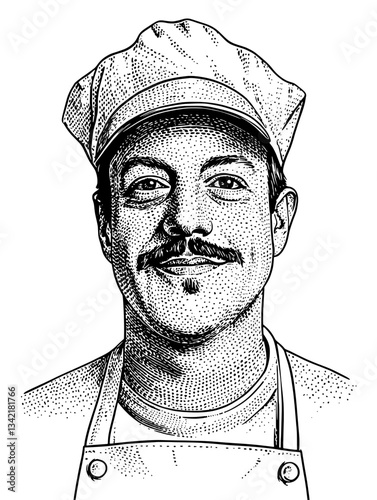 Engraved illustration of a jovial chef in vintage style showcasing passion for culinary arts and delightful creations