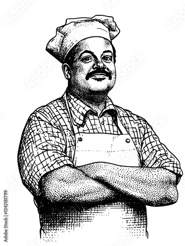 Whimsical chef illustration captured in a vintage engraved style, showcasing culinary artistry and charm within a premium design