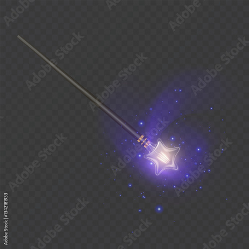 Magic wand with purple swirls and sparkles isolated on transparent background. The magic with stardust trail